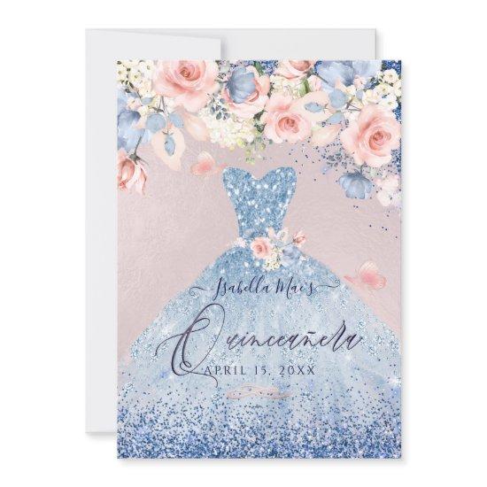 Quinceanera Floral Dusty Blue Glitter Gown