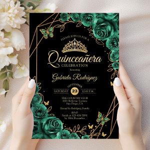 Quinceanera Floral Emerald Green Gold Black
