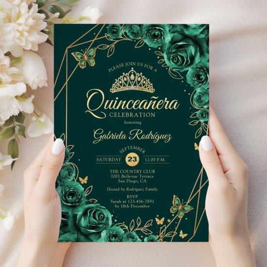 Quinceanera Floral Emerald Green Gold