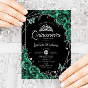 Quinceanera Floral Emerald Green Silver Black