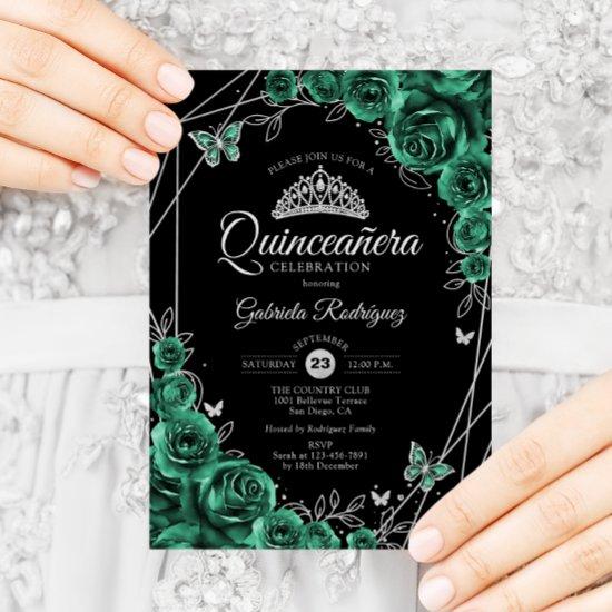 Quinceanera Floral Emerald Green Silver Black