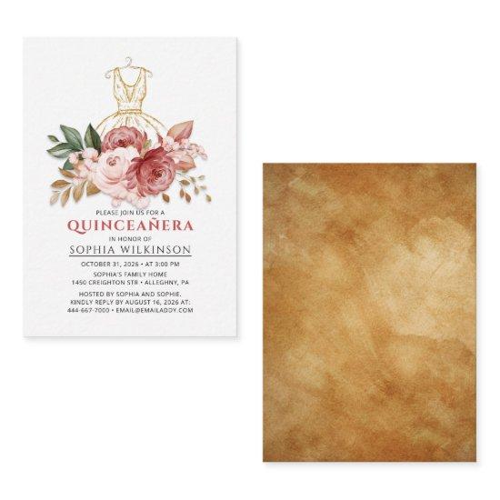 Quinceanera Floral Faux Gold Dress 15th Birthday Note Card