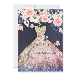 Quinceanera Floral Glitter Gown Ombre Rose Gold