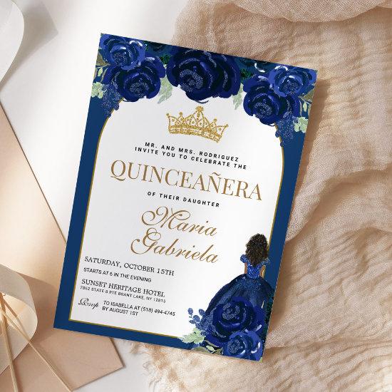 Quinceanera Floral Navy Blue Gold Mis Quince Anos