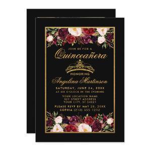 Quinceanera Floral Photo Gold Frame Crown Black