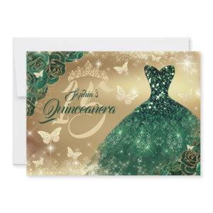 Quinceanera Flower Sparkle Gold Emerald Dress