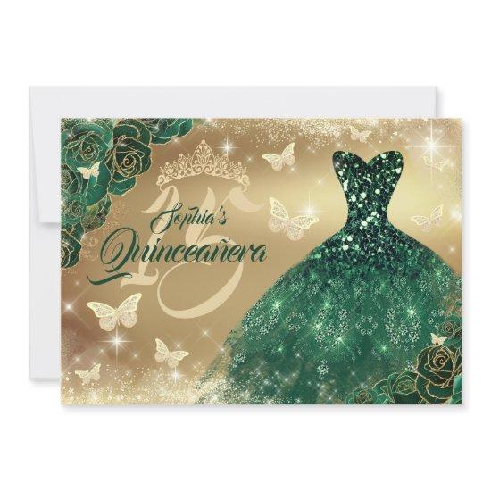 Quinceanera Flower Sparkle Gold Emerald Dress