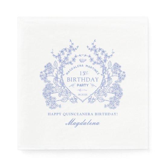 Quinceanera French Blue Floral Crest Custom Napkins