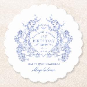 Quinceanera French Blue Floral Crest Custom Paper Coaster