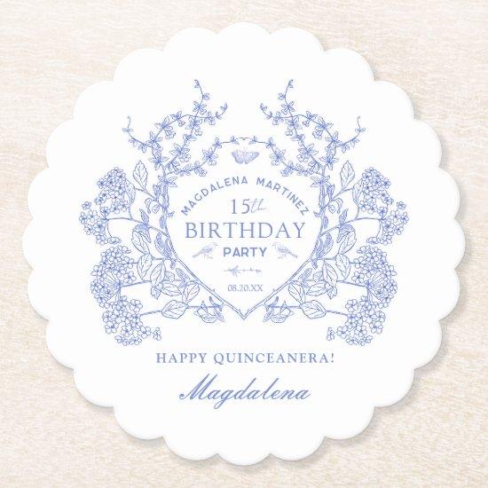 Quinceanera French Blue Floral Crest Custom Paper Coaster