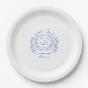 Quinceanera French Blue Floral Crest Custom Paper Plates