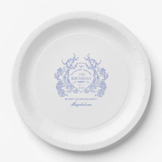Quinceanera French Blue Floral Crest Custom Paper Plates