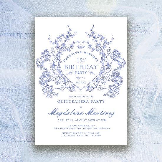 Quinceanera French Vintage Blue Floral Crest
