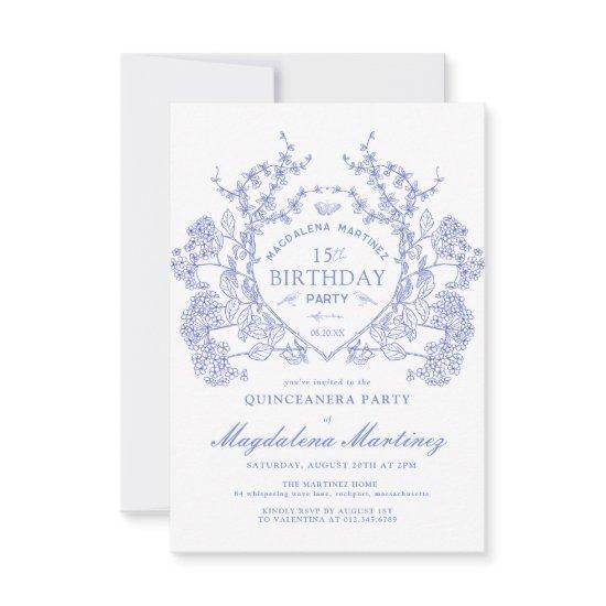 Quinceanera French Vintage Blue Floral Crest