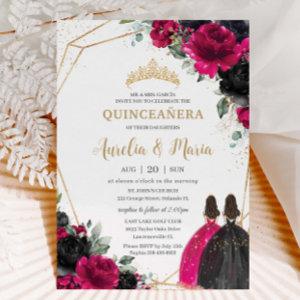Quinceañera Fuchsia Black Floral Twins Gold
