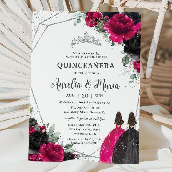 Quinceañera Fuchsia Black Floral Twins Silver