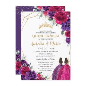 Quinceañera Fuchsia Dark Purple Floral Roses Twins