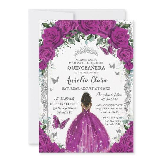 Quinceanera Fuchsia Floral Vintage Silver Brown