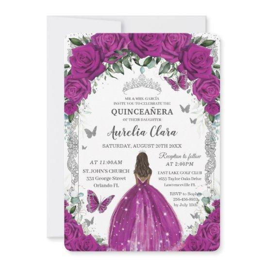 Quinceanera Fuchsia Floral Vintage Silver Brown