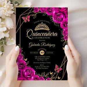 Quinceanera Fuchsia Pink Black Gold Floral