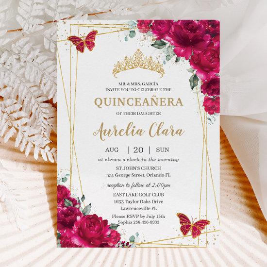 Quinceañera Fuchsia Pink Floral Butterflies Tiara
