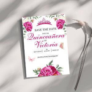 Quinceañera Fuchsia Pink Floral butterfly crown Save The Date