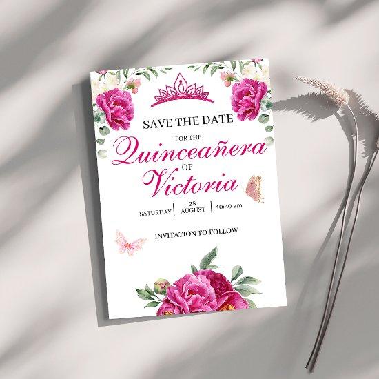 Quinceañera Fuchsia Pink Floral butterfly crown Save The Date