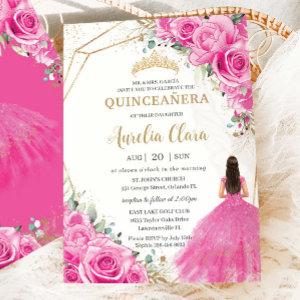Quinceañera Fuchsia Pink Floral Princess  Gold