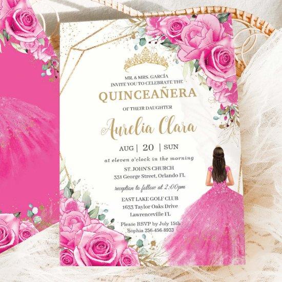 Quinceañera Fuchsia Pink Floral Princess  Gold