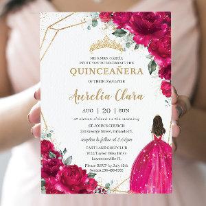 Quinceañera Fuchsia Pink Floral Princess Gown Gold