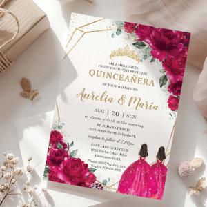 Quinceañera Fuchsia Pink Floral Twins Princesses