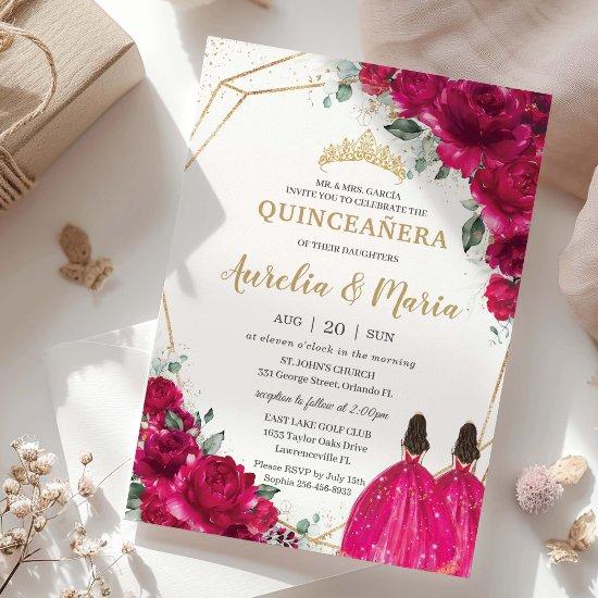 Quinceañera Fuchsia Pink Floral Twins Princesses