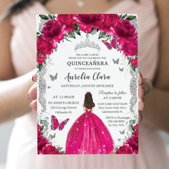 Quinceañera Fuchsia Pink Floral Vintage Silver