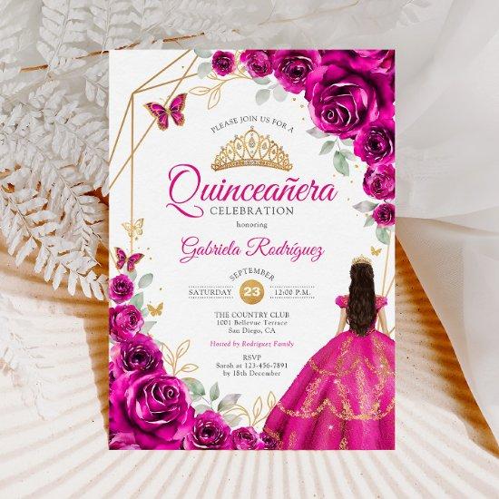 Quinceanera Fuchsia Pink Gold Dress