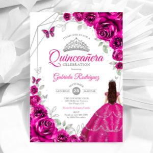 Quinceanera Fuchsia Pink Silver Dress