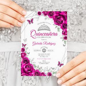 Quinceanera Fuchsia Pink Silver Floral