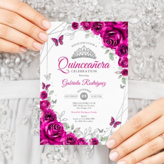 Quinceanera Fuchsia Pink Silver Floral