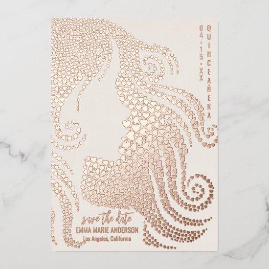Quinceañera Girl Silhouette Pink Foil Hearts Ivory Foil Holiday Card