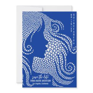 Quinceañera Girl Silhouette Silver Hearts Blue Save The Date