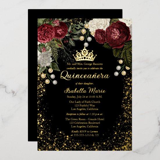 Quinceañera Glam Burgundy Rose Floral Birthday  Foil