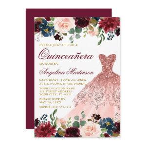 Quinceanera Glitter Dress Burgundy Floral Gold