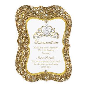 Quinceanera Glitter Gold White Pearl Tiara Invite