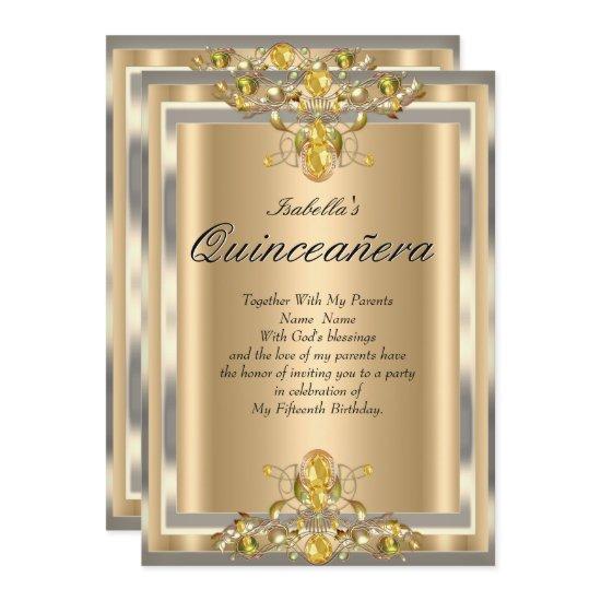 Quinceanera Gold Beige Yellow Gems 15 Birthday