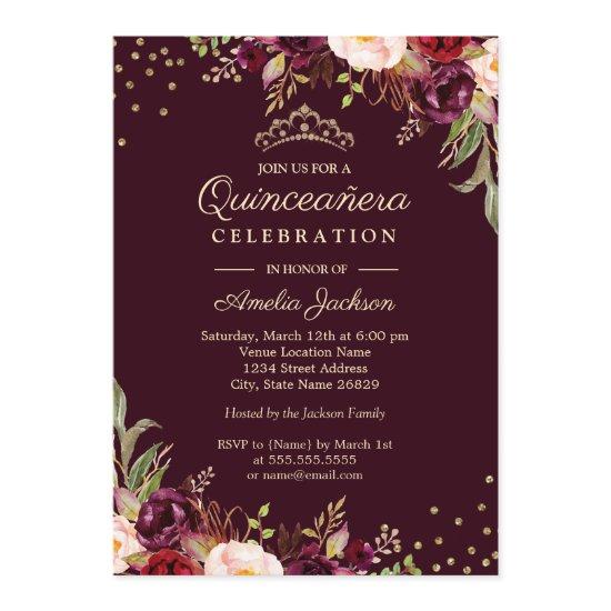 Quinceanera Gold Burgundy floral Sparkle