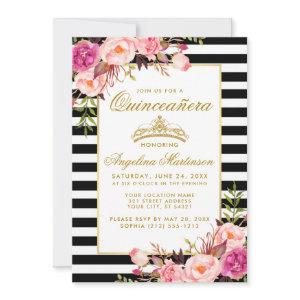 Quinceanera Gold Crown Pink Floral Stripes