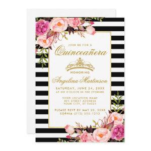 Quinceanera Gold Crown Pink Floral Stripes Photo