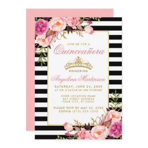 Quinceanera Gold Crown Striped Pink Floral