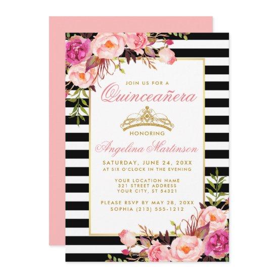 Quinceanera Gold Crown Striped Pink Floral