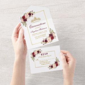 Quinceanera Gold Crown Watercolor Burgundy Floral All In One