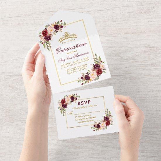 Quinceanera Gold Crown Watercolor Burgundy Floral All In One